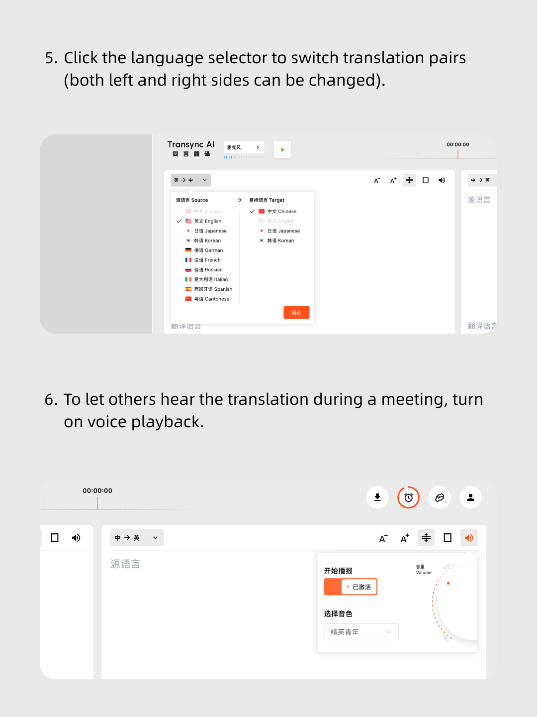 Screenshot tutorial showing how to switch translation language pairs and enable voice playback in Transync AI.