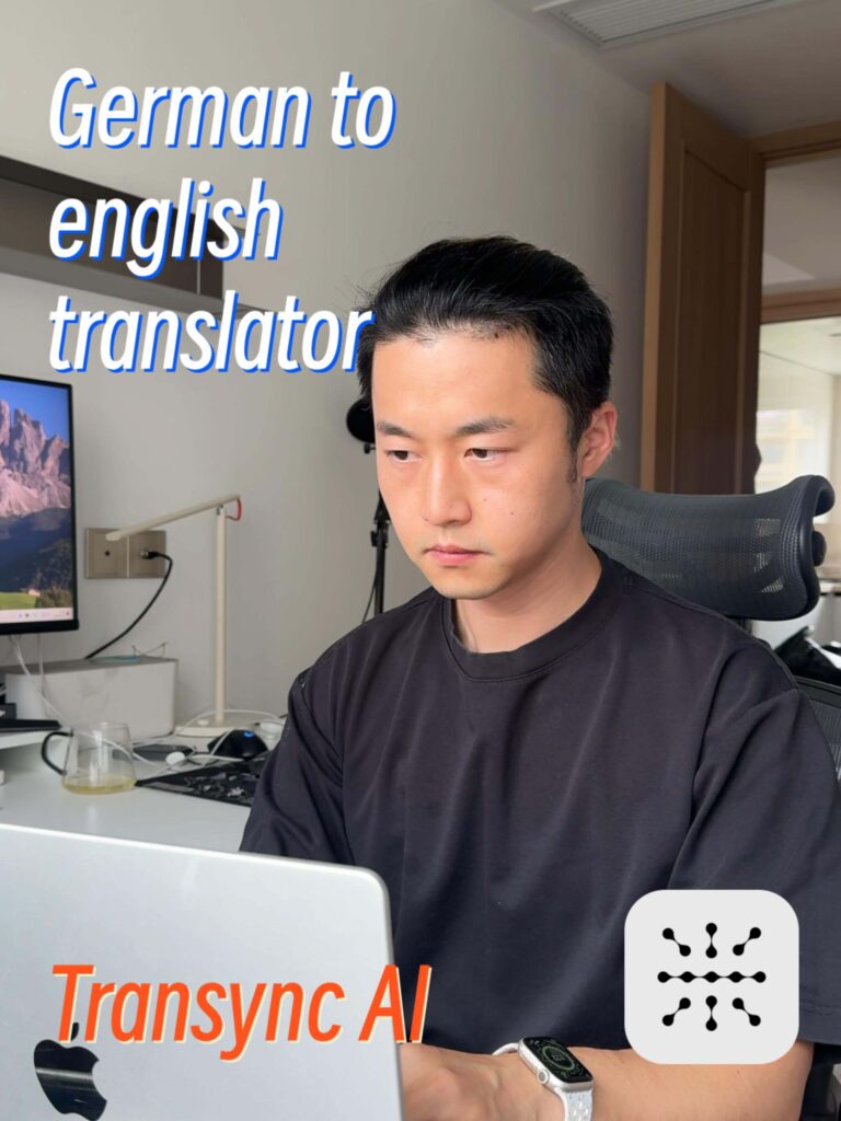 Person using a laptop with “German to English translator” and “Transync AI” text overlay, working in a home office setting.