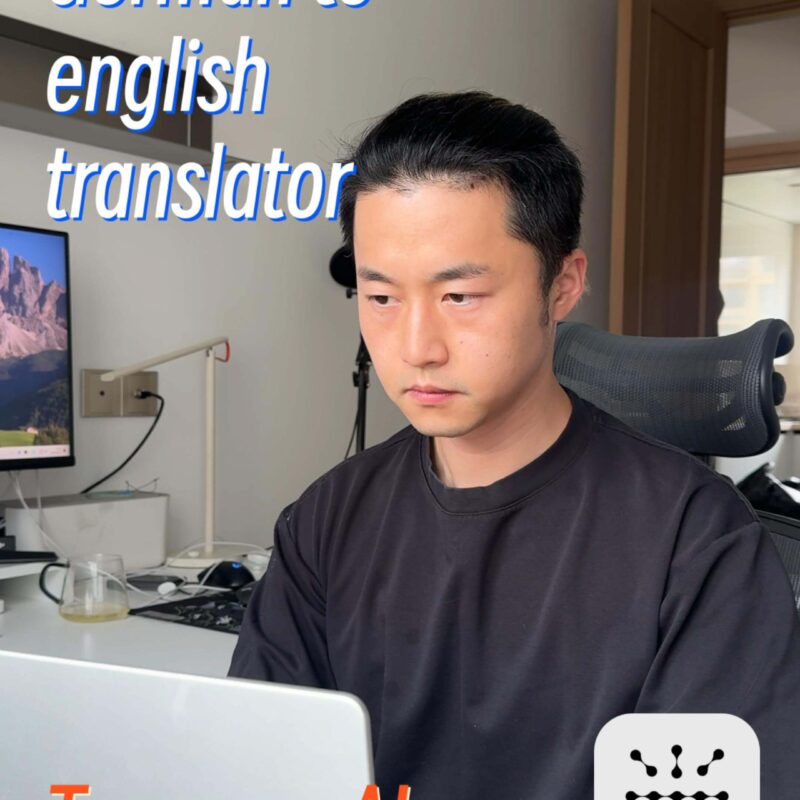 Person using a laptop with “German to English translator” and “Transync AI” text overlay, working in a home office setting.