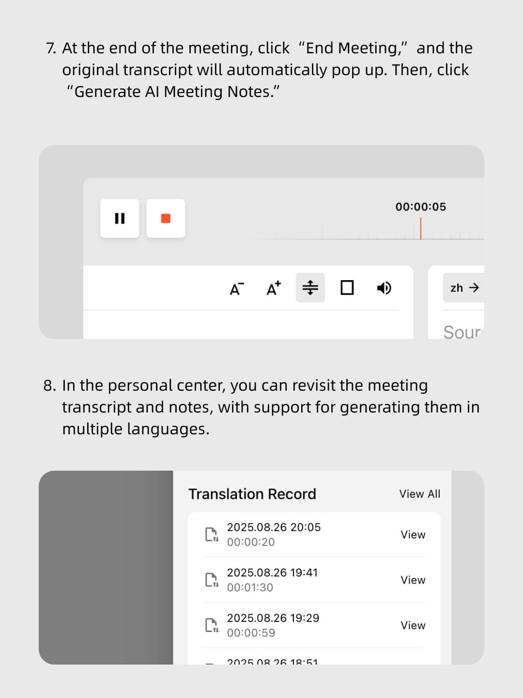 Руководство по завершению совещания в Transync AI, созданию заметок о совещании с помощью ИИ и просмотру стенограмм в персональном центре.