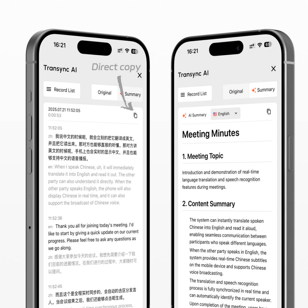 Экраны смартфонов, на которых показано мобильное приложение Transync AI с двуязычными стенограммами и сводками заметок совещаний на основе ИИ для перевода и ведения записей в режиме реального времени.