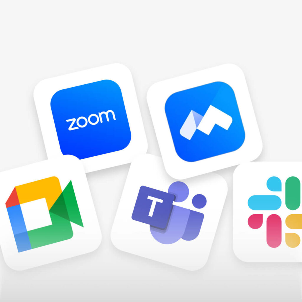 Logos beliebter Apps für Videokonferenzen und Teamzusammenarbeit, darunter Zoom, Google Meet, Microsoft Teams, Slack und ein weiteres blaues Symbol auf weißem Hintergrund.