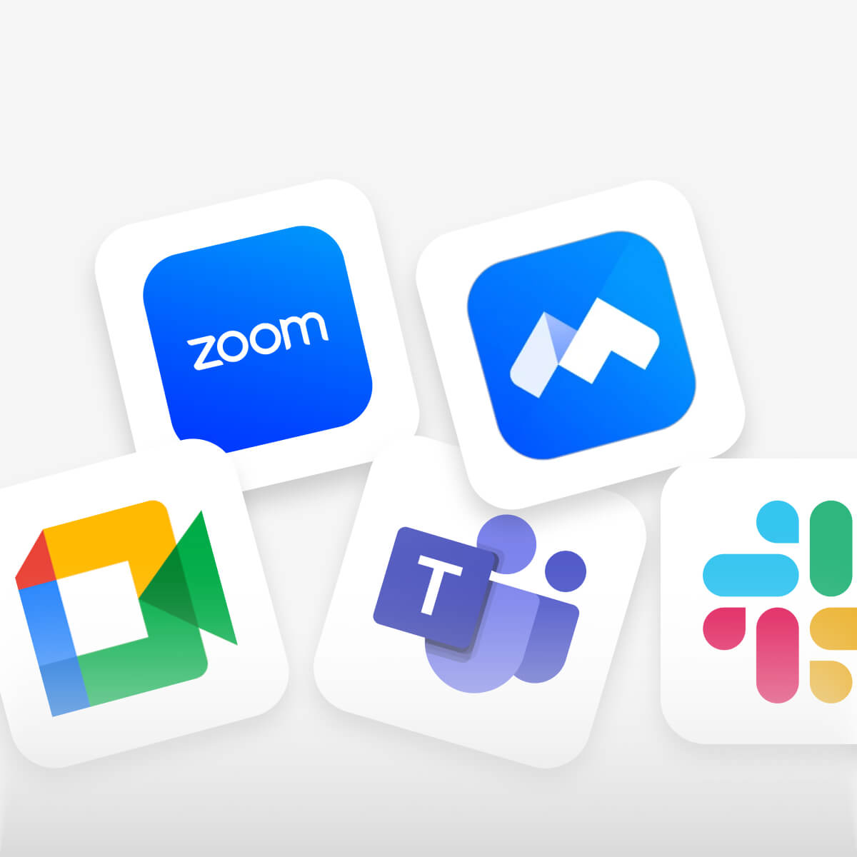 Logo's van populaire apps voor videoconferenties en teamsamenwerking, waaronder Zoom, Google Meet, Microsoft Teams, Slack en een ander blauw pictogram op een witte achtergrond.