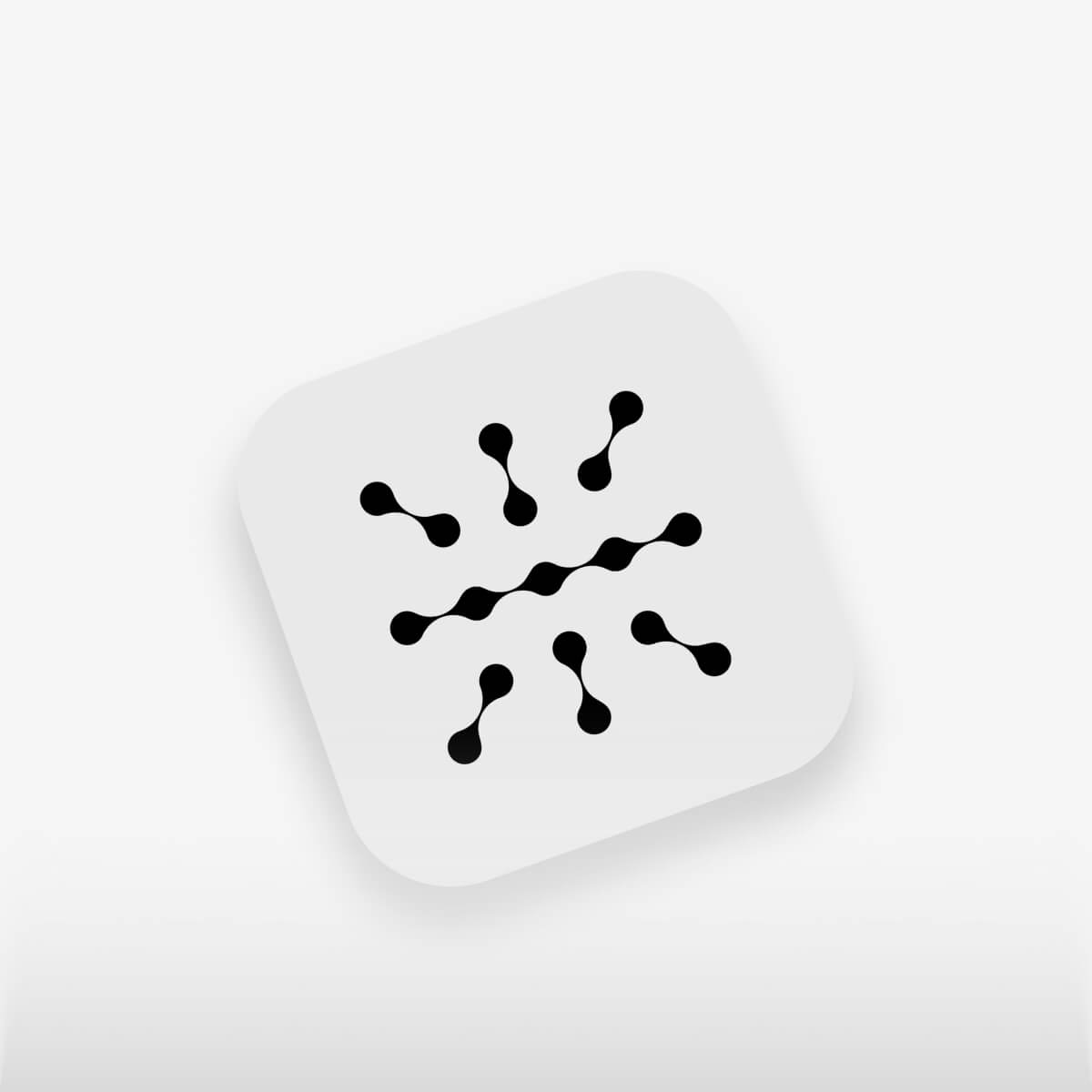 Transync AI-logo, minimalistisch abstract logo met zwarte stippen verbonden door korte lijnen die een symmetrisch patroon vormen op een witte, ronde, vierkante achtergrond.