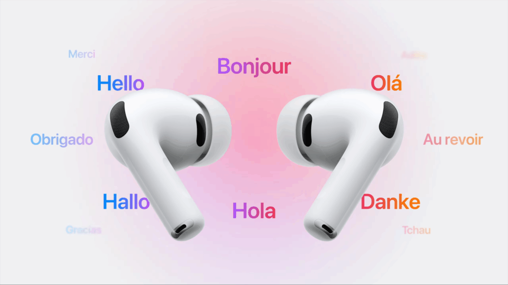 AirPods Pro showcasing iPhone 17 real-time translation feature with greetings in multiple languages including Hello, Bonjour, Hola, Hallo, Olá, and Danke.