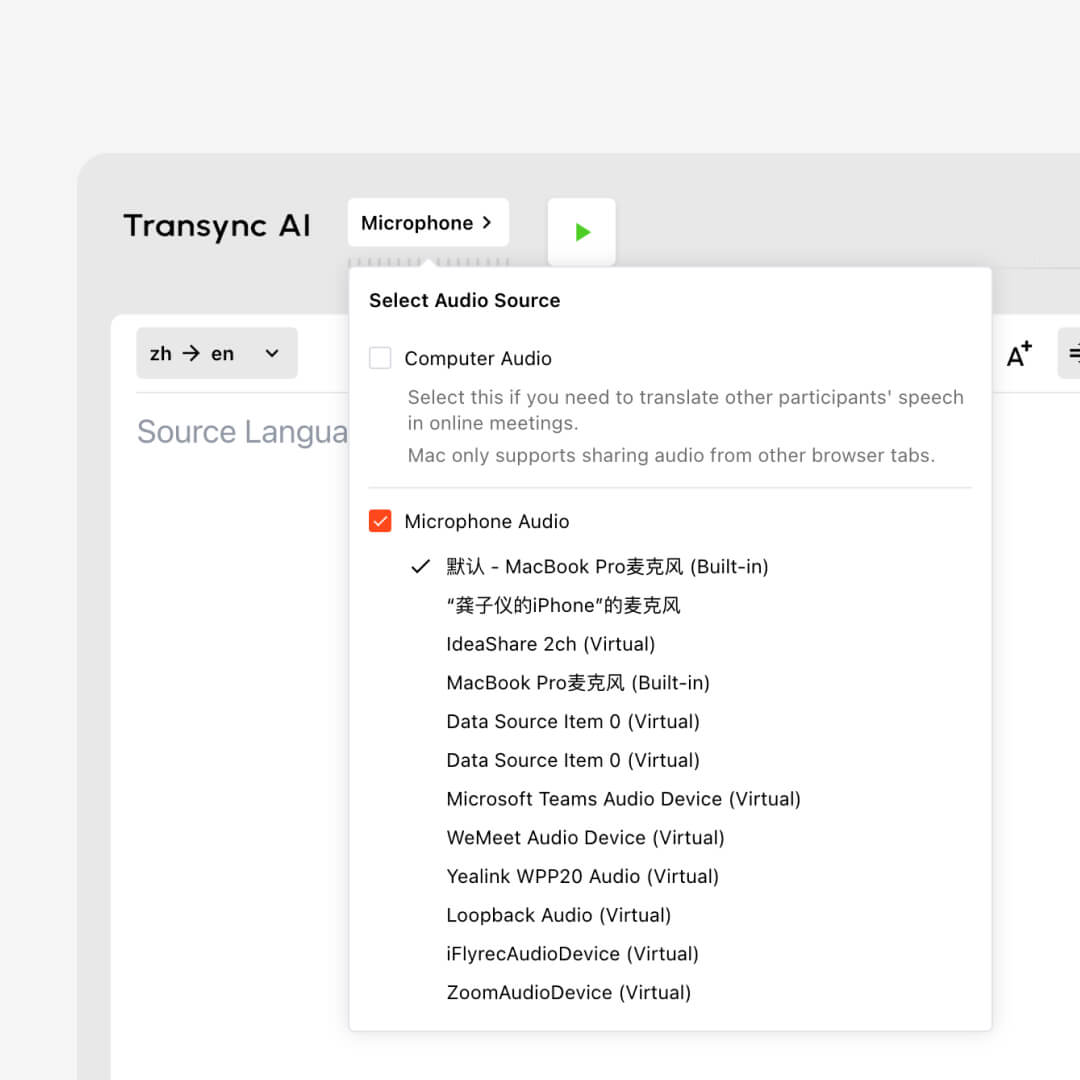 Transync AI voice translator translating voices from other participants by sharing system audio in an online meeting