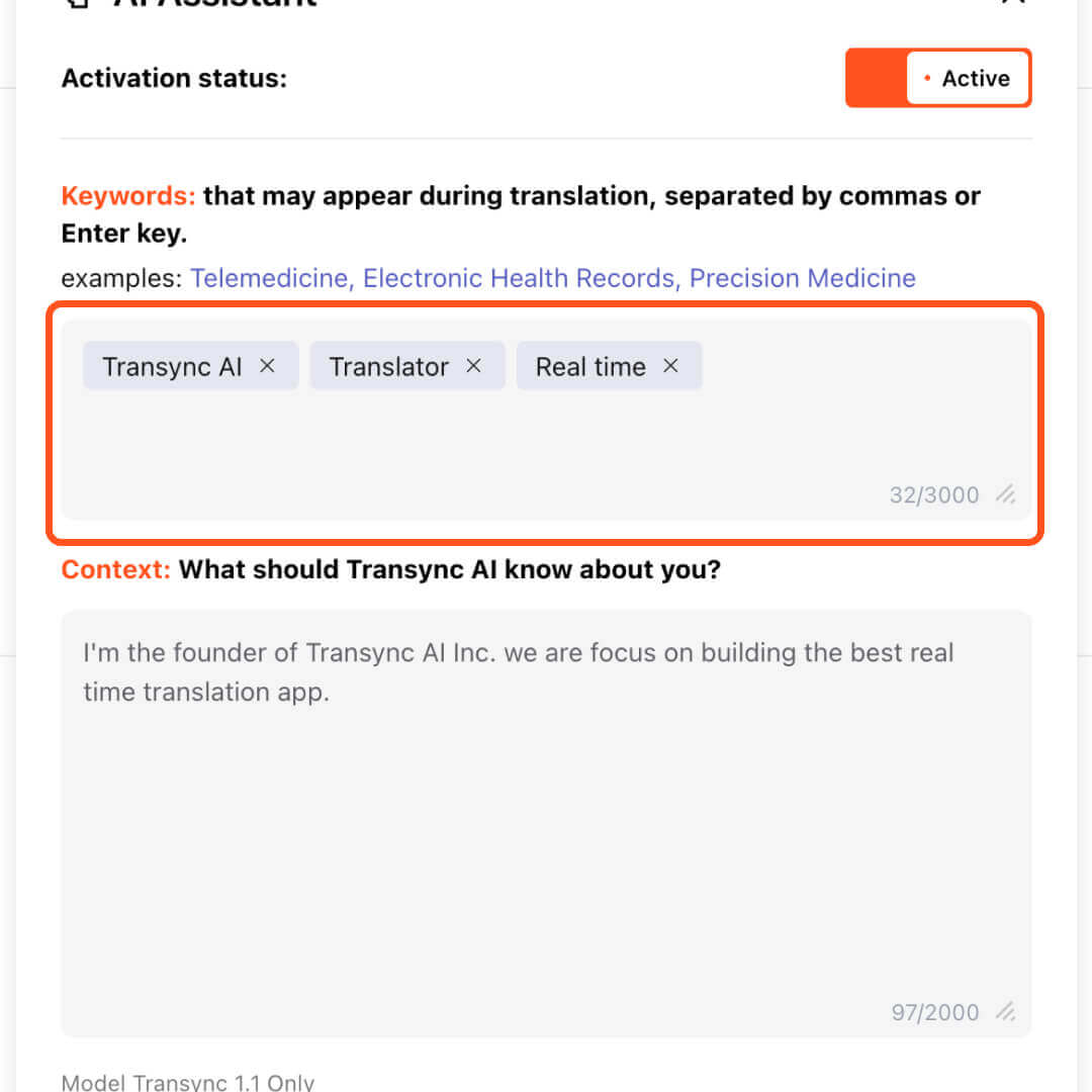 Transync AI aktif yapay zeka asistan paneli, 'Transync AI', 'Çevirmen' ve 'Gerçek zamanlı' anahtar kelimeleriyle gerçek zamanlı çeviri özelliğine sahiptir.