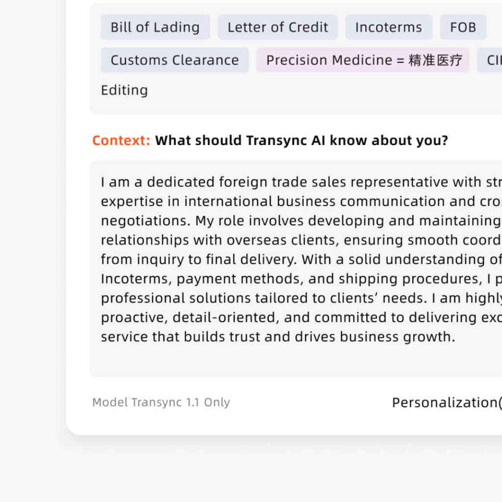 Panel pro přizpůsobení kontextu AI v Transyncu pro obchodní překlady, kde uživatelé zadávají informace, jako je profese a odvětví, pro personalizaci překladů.