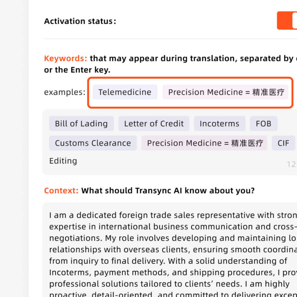 Panel pro nastavení klíčových slov v AI v Transyncu s příklady klíčových slov specifických pro danou doménu, jako například 'Telemedicína' a 'Precizní medicína', které slouží jako vodítko pro překlad.