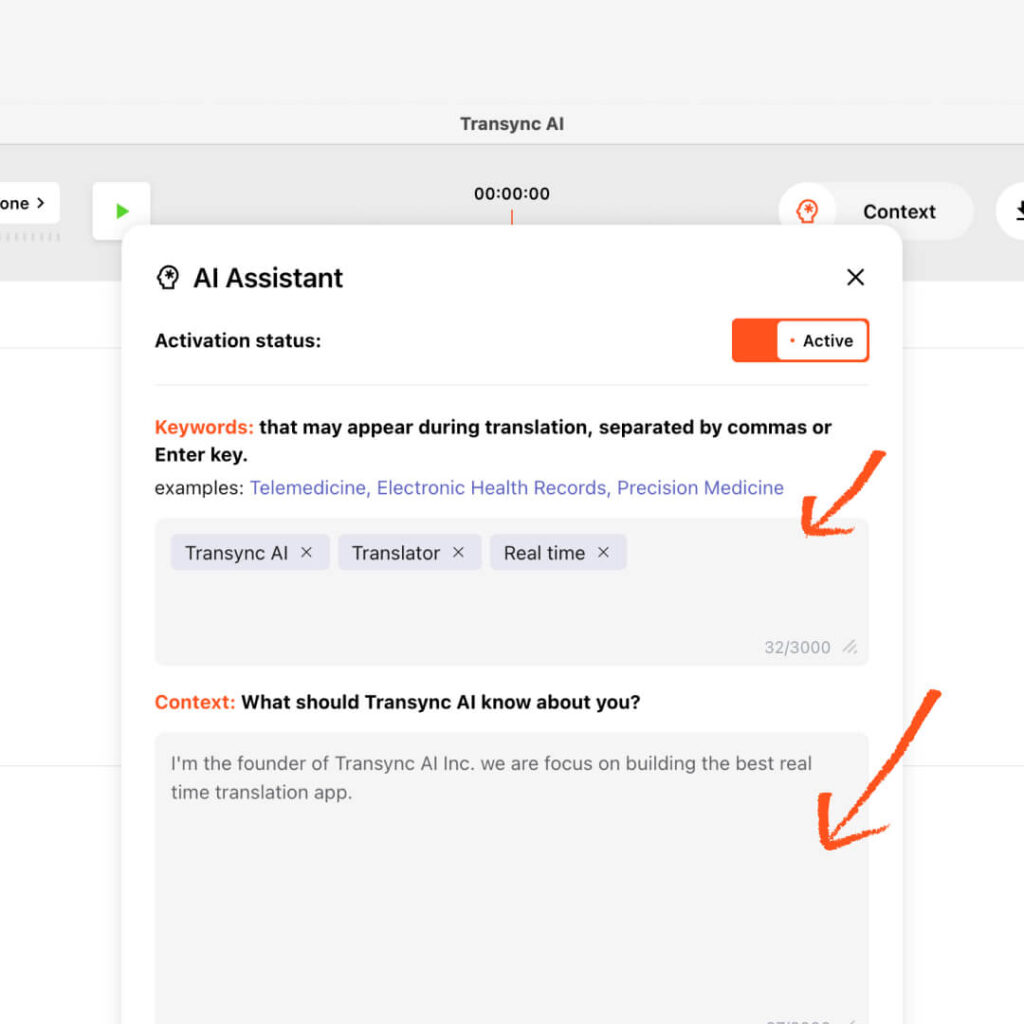 Panel asistenta umělé inteligence Transync AI s aktivním překladem, kde jsou zvýrazněna klíčová slova a kontextová pole.