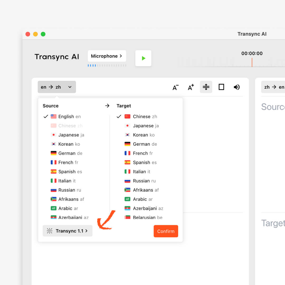 Transync AI language selection menu showing supported languages for real-time translation.