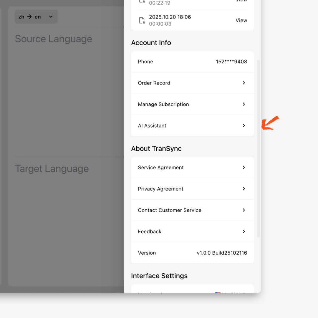 Transync AI account settings panel with AI Assistant option highlighted.