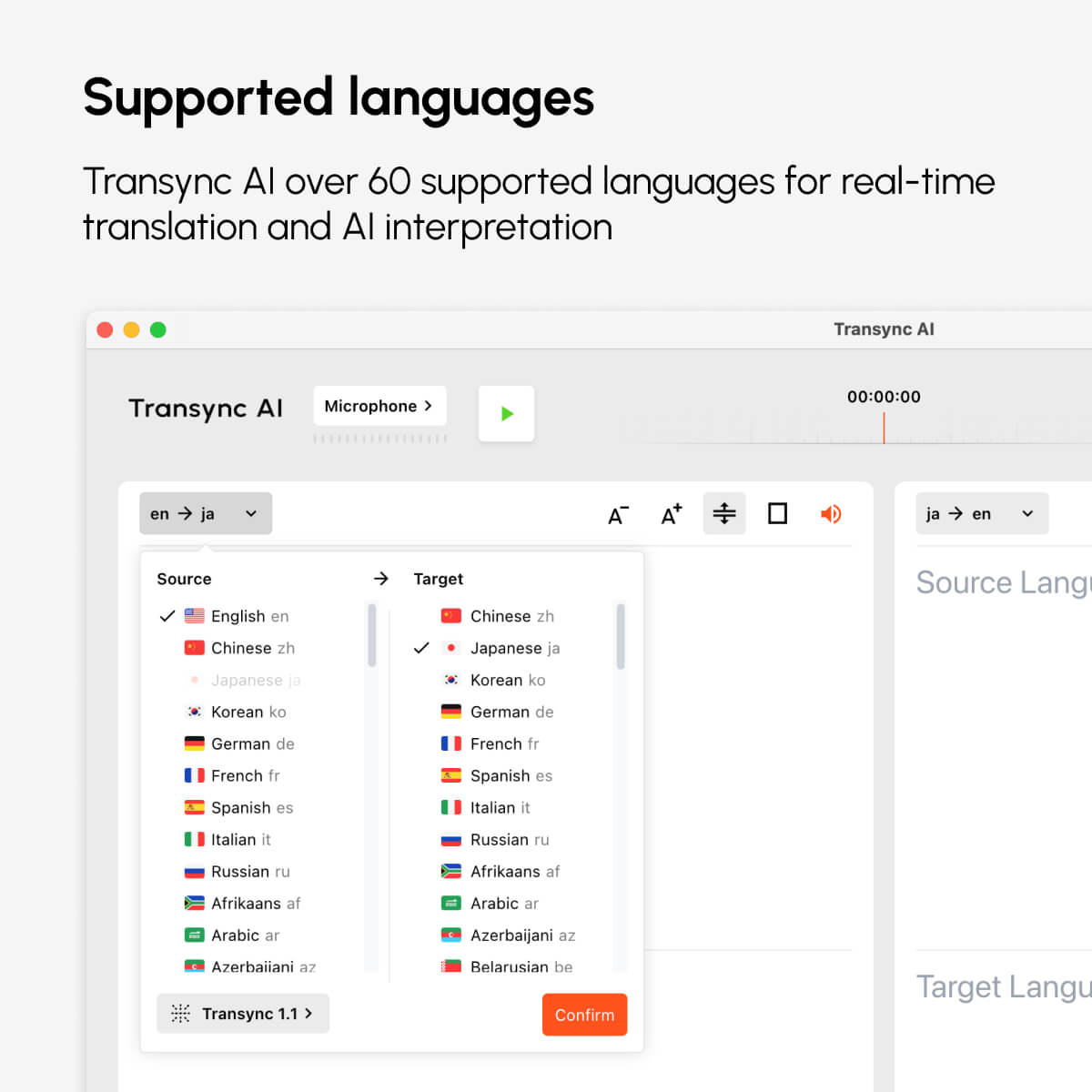 Transync AI supported languages selection interface showing 60+ real-time translation options