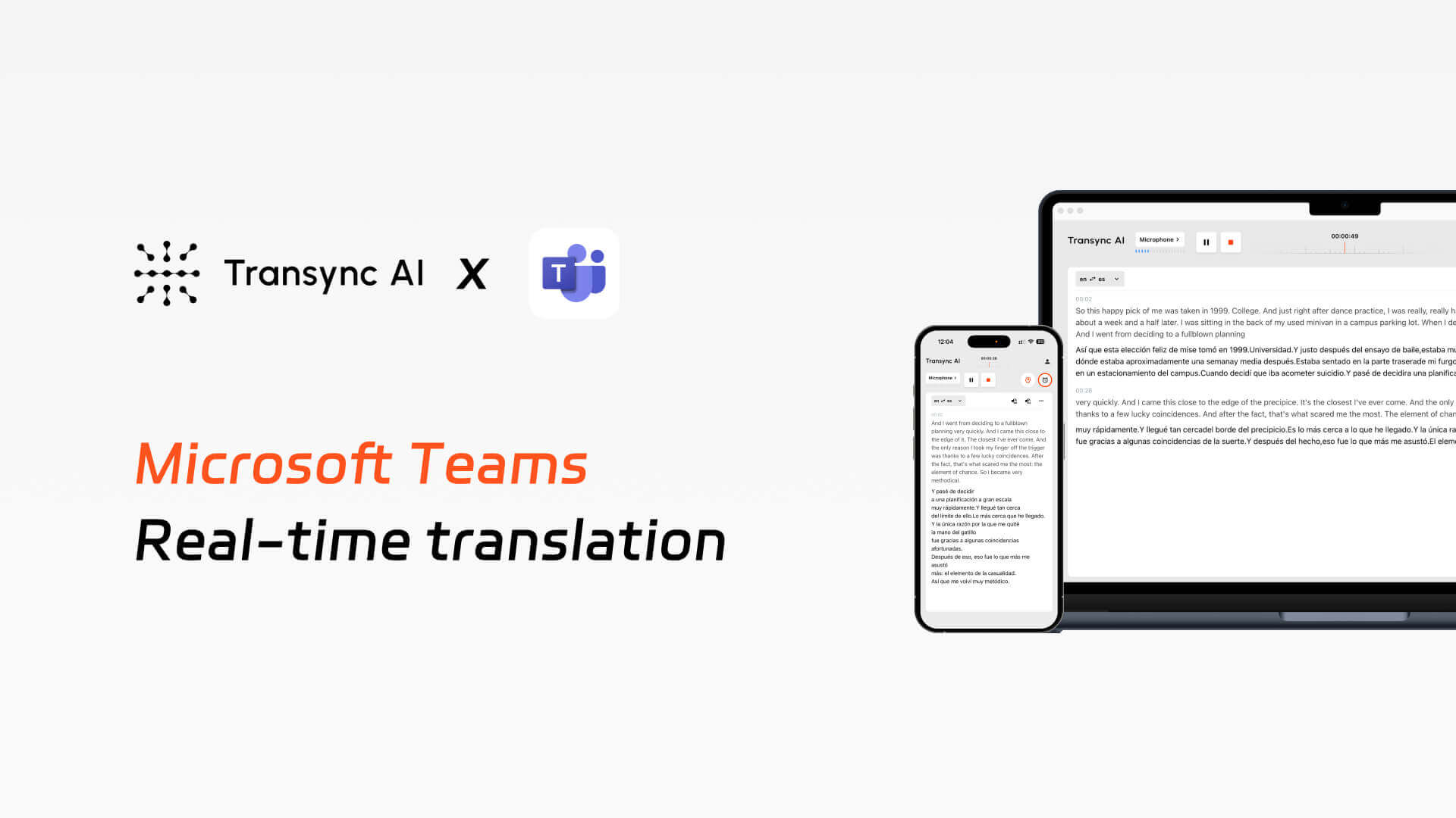 Transync AI real-time translation interface integrated with Microsoft Teams, showing live bilingual English and Spanish subtitles on smartphone and laptop screens.