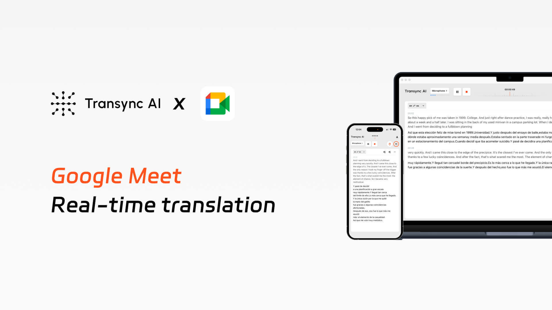 Banner s integrací umělé inteligence Transync a Google Meet zobrazující živý překlad v reálném čase na notebooku a chytrém telefonu současně.
