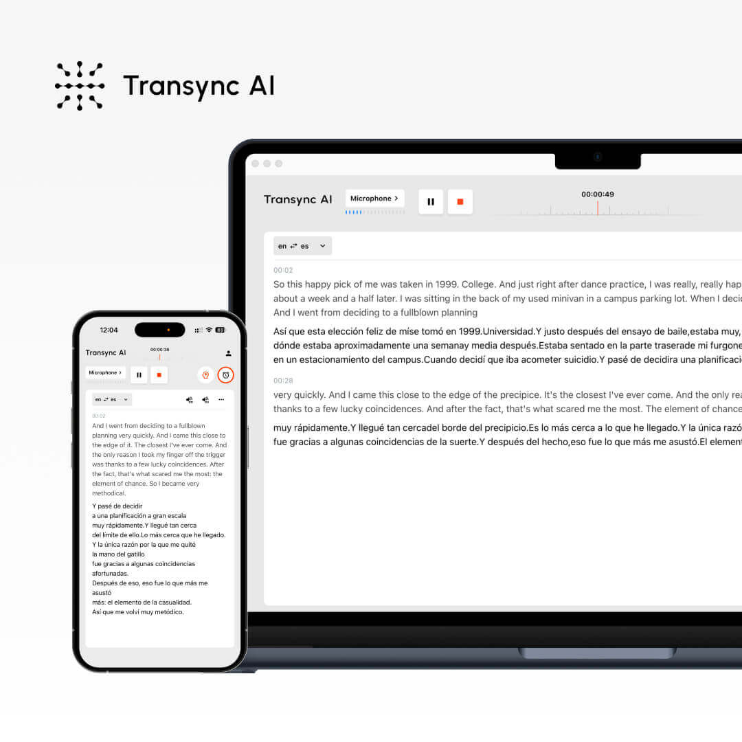 Transycn AI, que se ejecuta en computadoras de escritorio y dispositivos móviles y muestra traducción de voz bilingüe en tiempo real en todos los dispositivos.