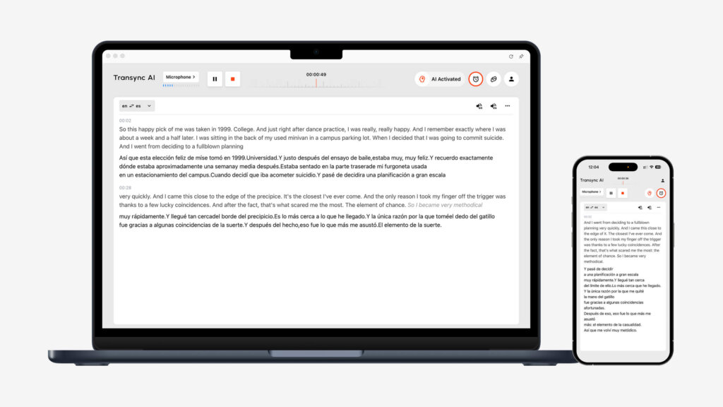 ट्रांससिंक एआई डुअल-स्क्रीन सिंक्रोनाइज़ेशन लैपटॉप और स्मार्टफोन पर एक साथ अंग्रेजी से स्पेनिश में वास्तविक समय का अनुवाद दिखाता है।.