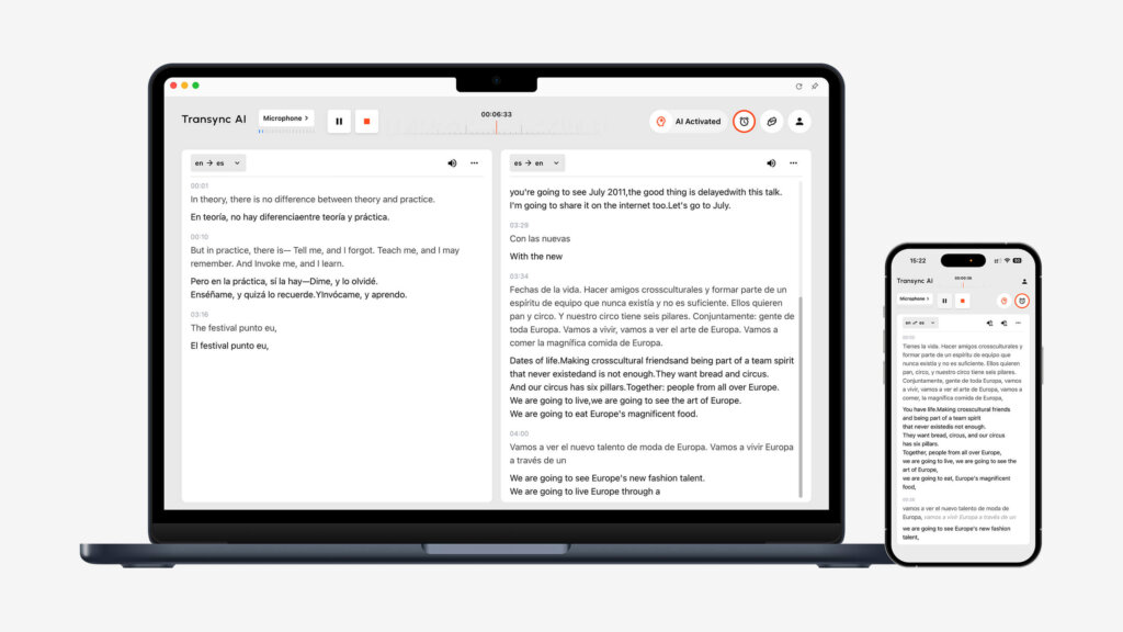 Synchronizacja dwóch ekranów Transync AI umożliwia jednoczesne wyświetlanie tłumaczenia z języka angielskiego na hiszpański na laptopie i smartfonie.