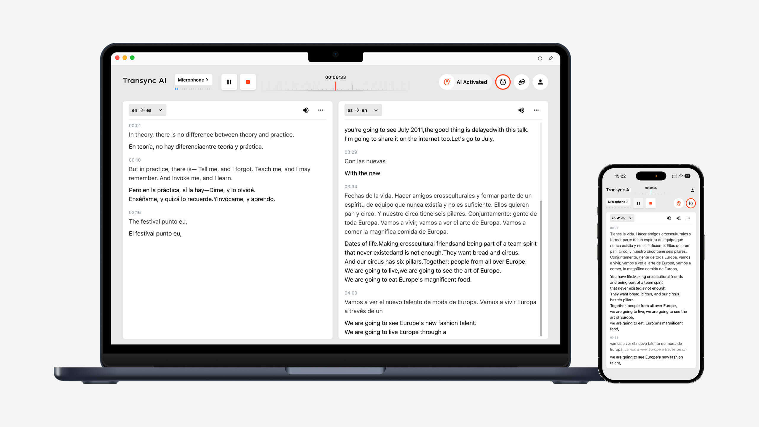 Transync AI dual-screen synchronization showing real-time English to Spanish translation on a laptop and smartphone simultaneously.