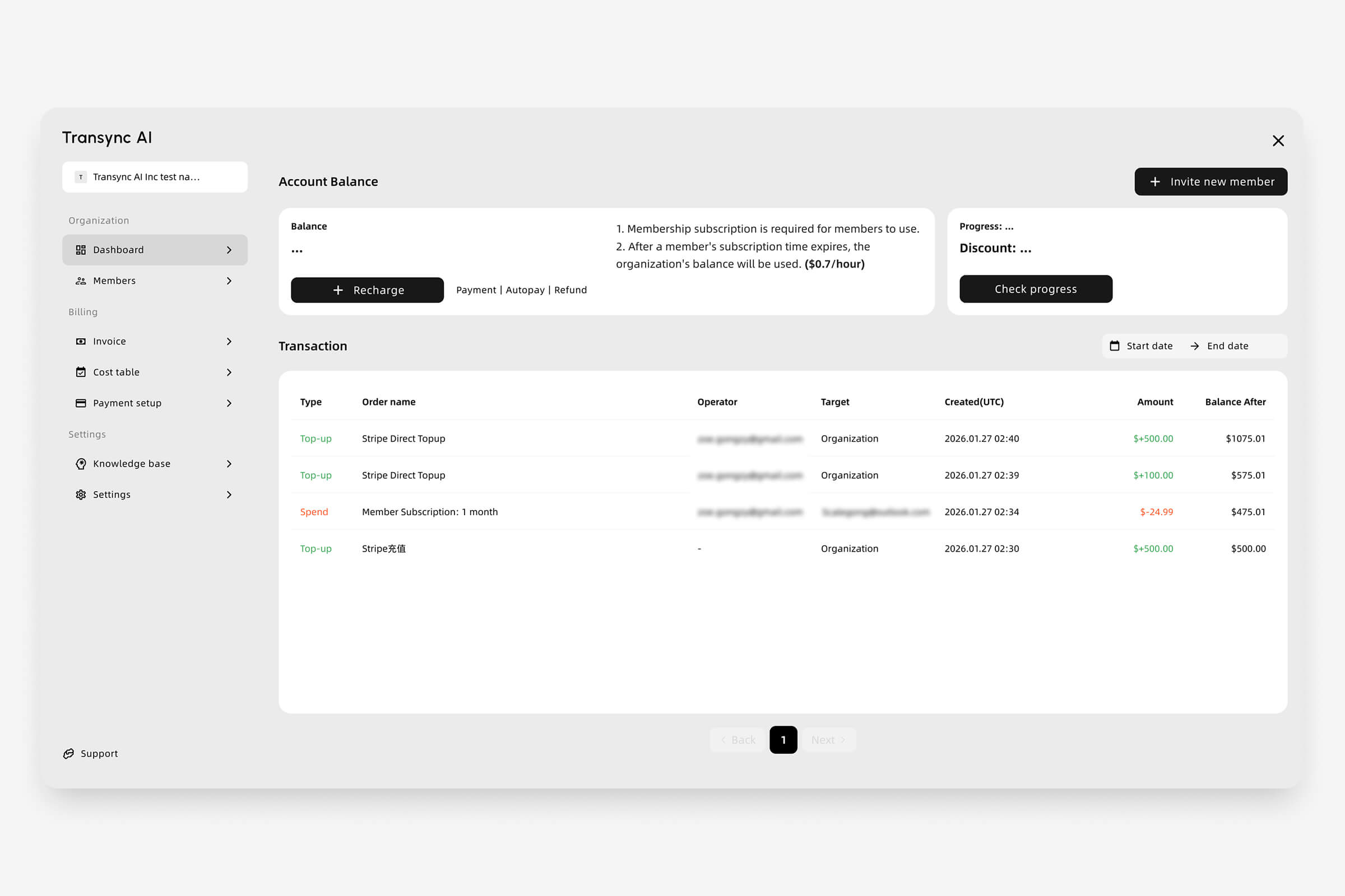 Panel de organización de Transycn AI que muestra el saldo de la cuenta, las opciones de recarga y el historial de transacciones