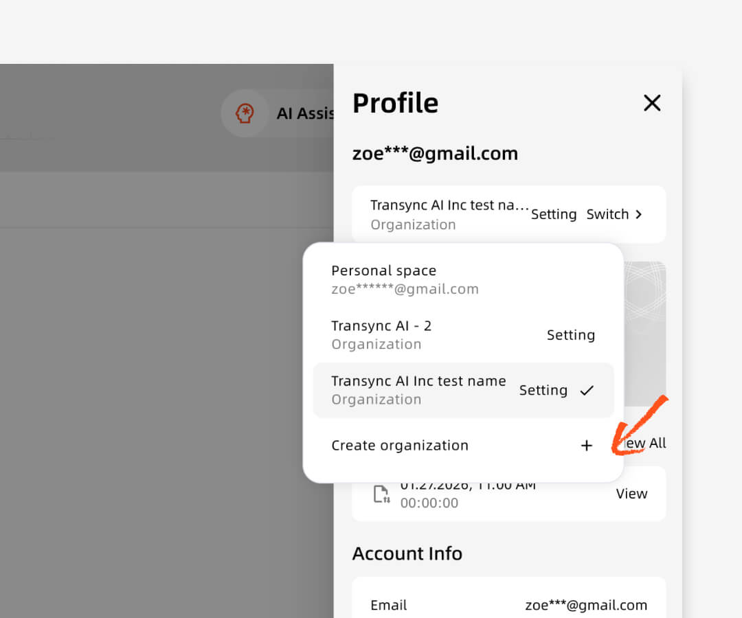 Panel de saldo de cuenta empresarial de Transycn AI que muestra los créditos de la organización, el historial de recargas y los registros de transacciones.