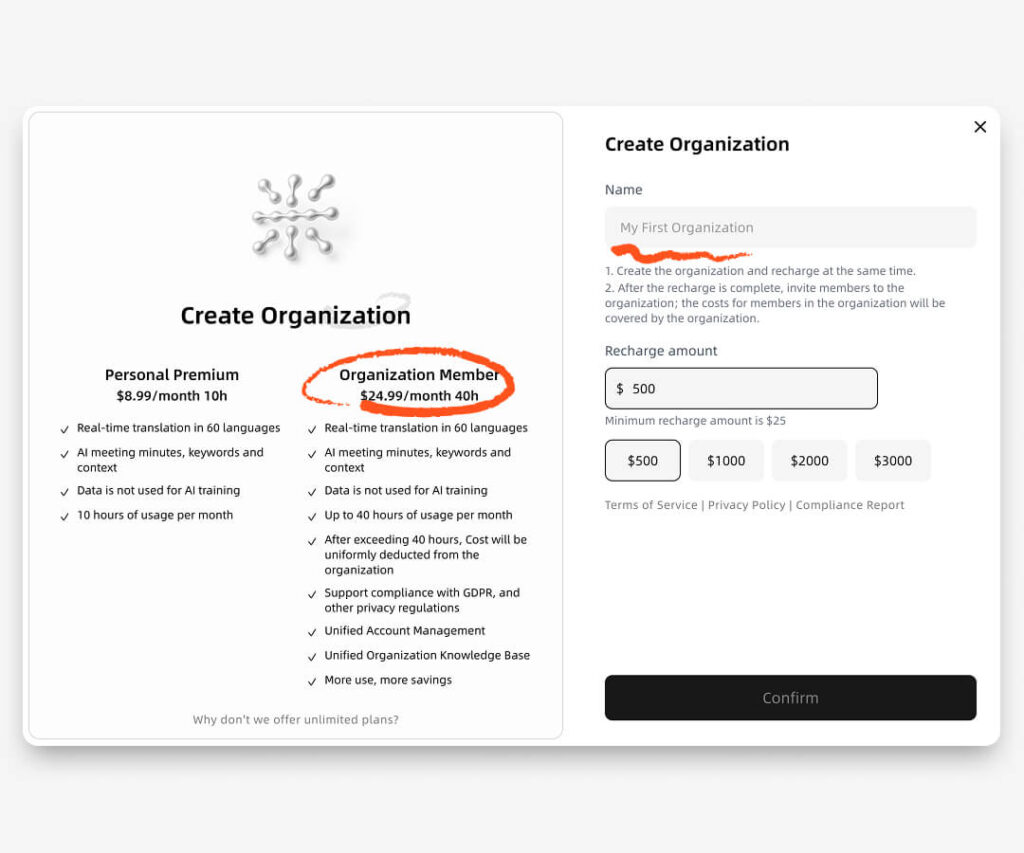 Transync AI crée une page d'organisation avec des formules tarifaires pour les membres personnels et les membres de l'organisation