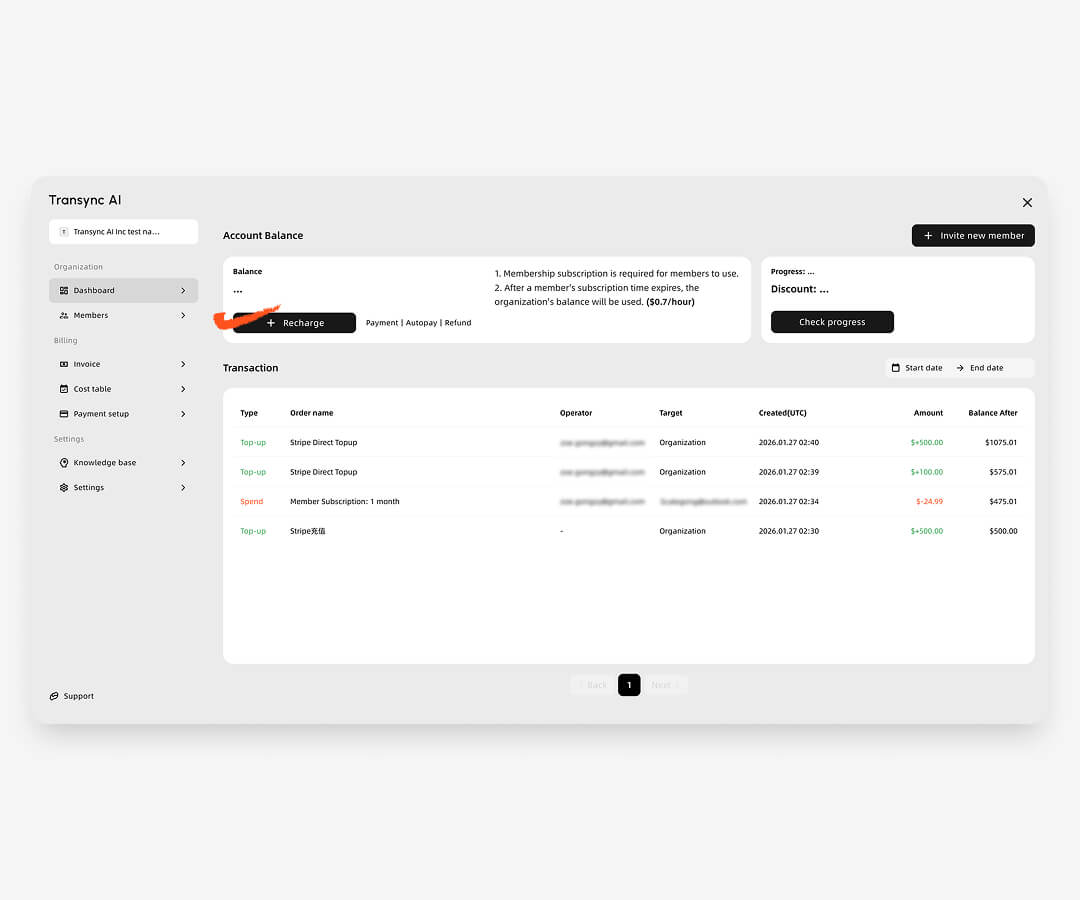 Menú de perfil de Transyc AI que muestra el cambio de organización y la información de la cuenta