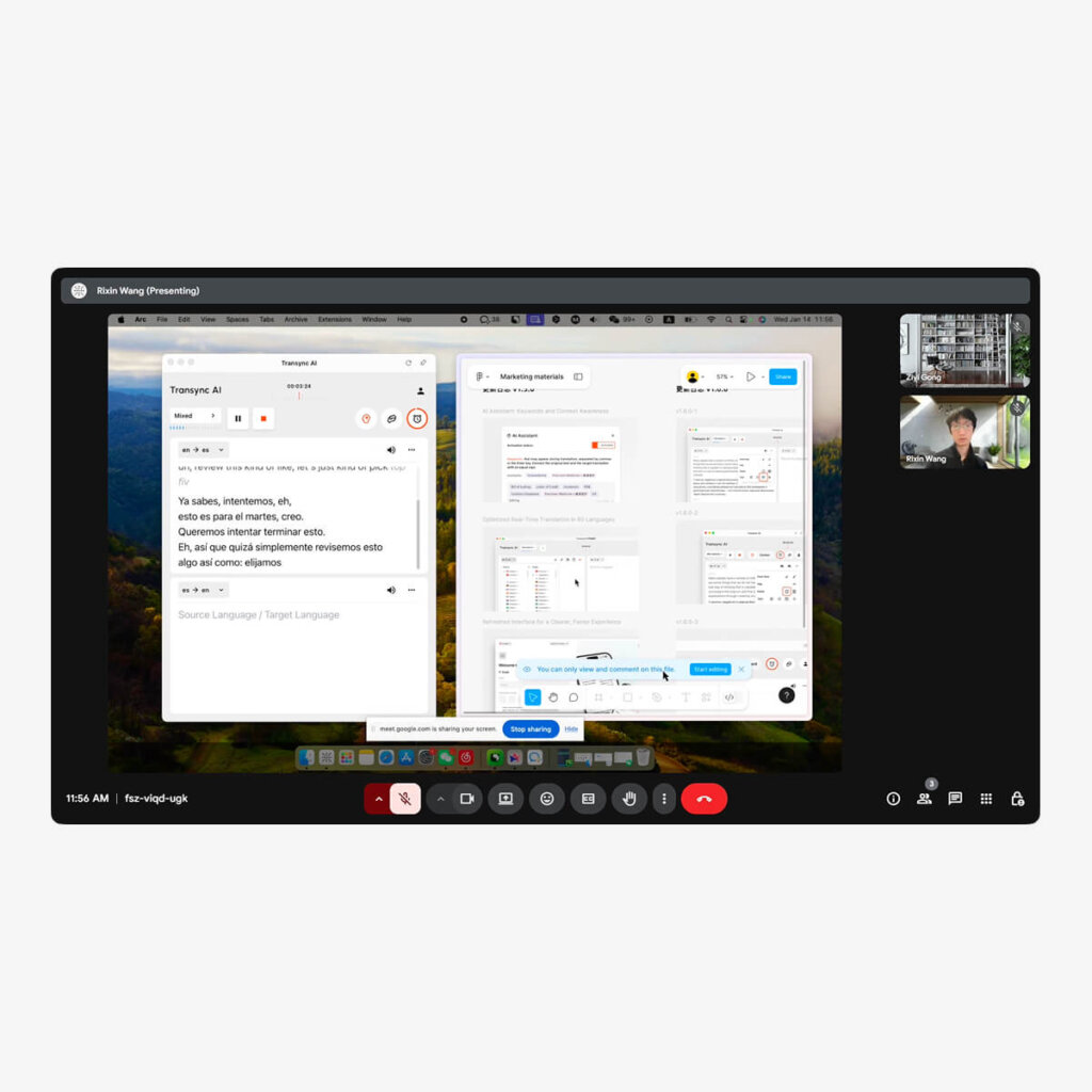 Transync AI menampilkan teks terjemahan secara real-time untuk peserta rapat Google Meet.