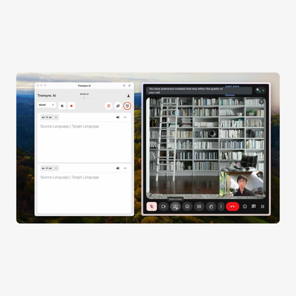 Transync AI used by a Google Meet host showing real-time translated captions during a live meeting