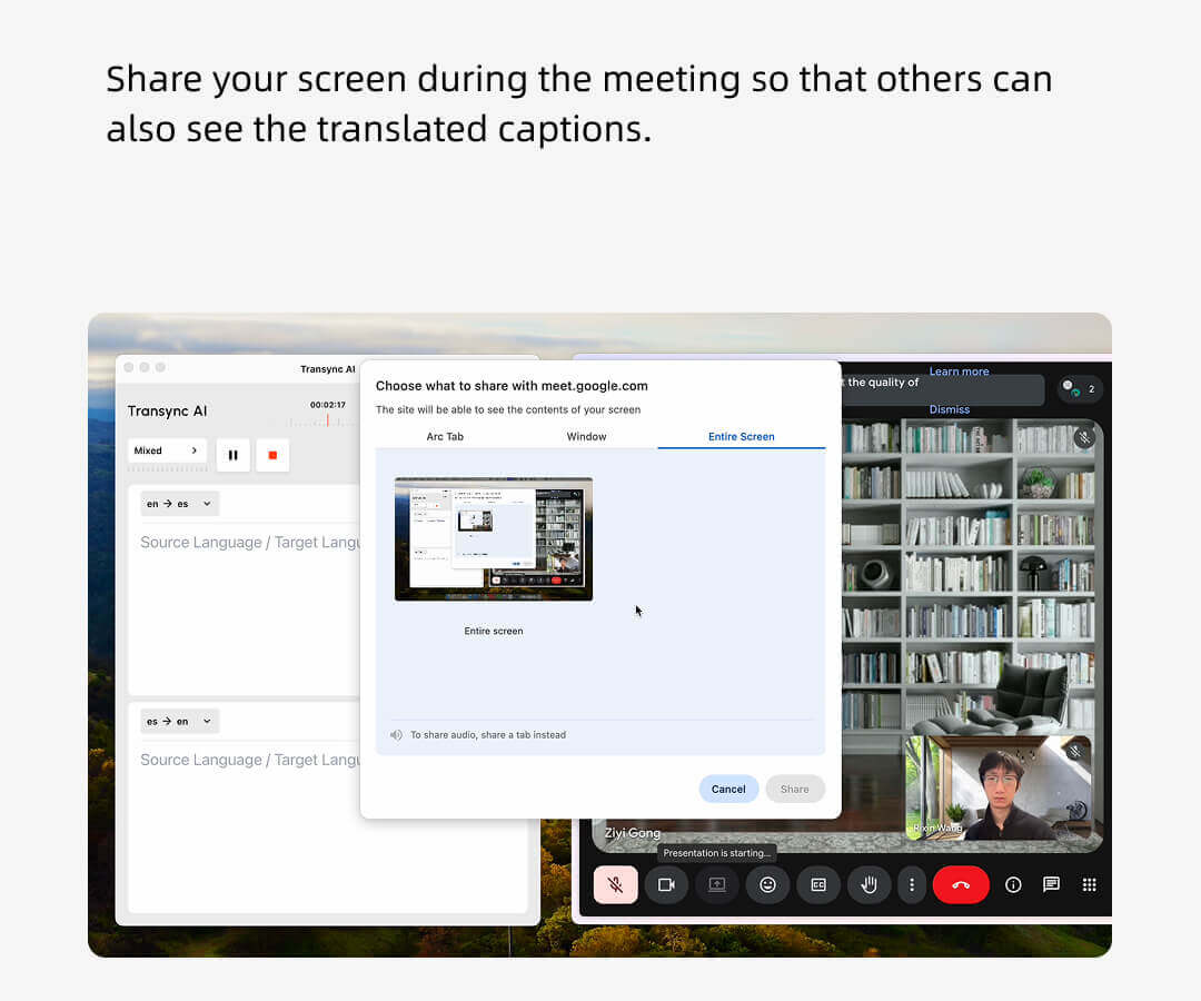 Rozhraní Transync s umělou inteligencí, které překrývá relaci Google Meet výzvou ke sdílení obrazovky a zobrazuje živé dvojjazyčné titulky všem účastníkům.