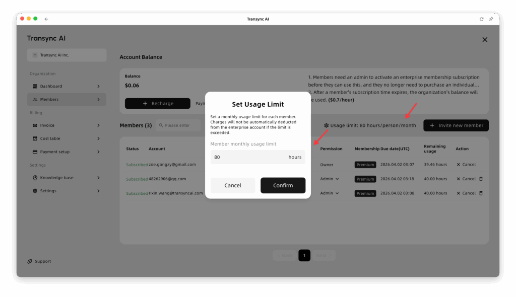 หน้าสมาชิก Transync AI พร้อมป๊อปอัพ "ตั้งค่าขีดจำกัดการใช้งาน" สำหรับกำหนดขีดจำกัดการใช้งานรายเดือนสำหรับสมาชิกองค์กร.