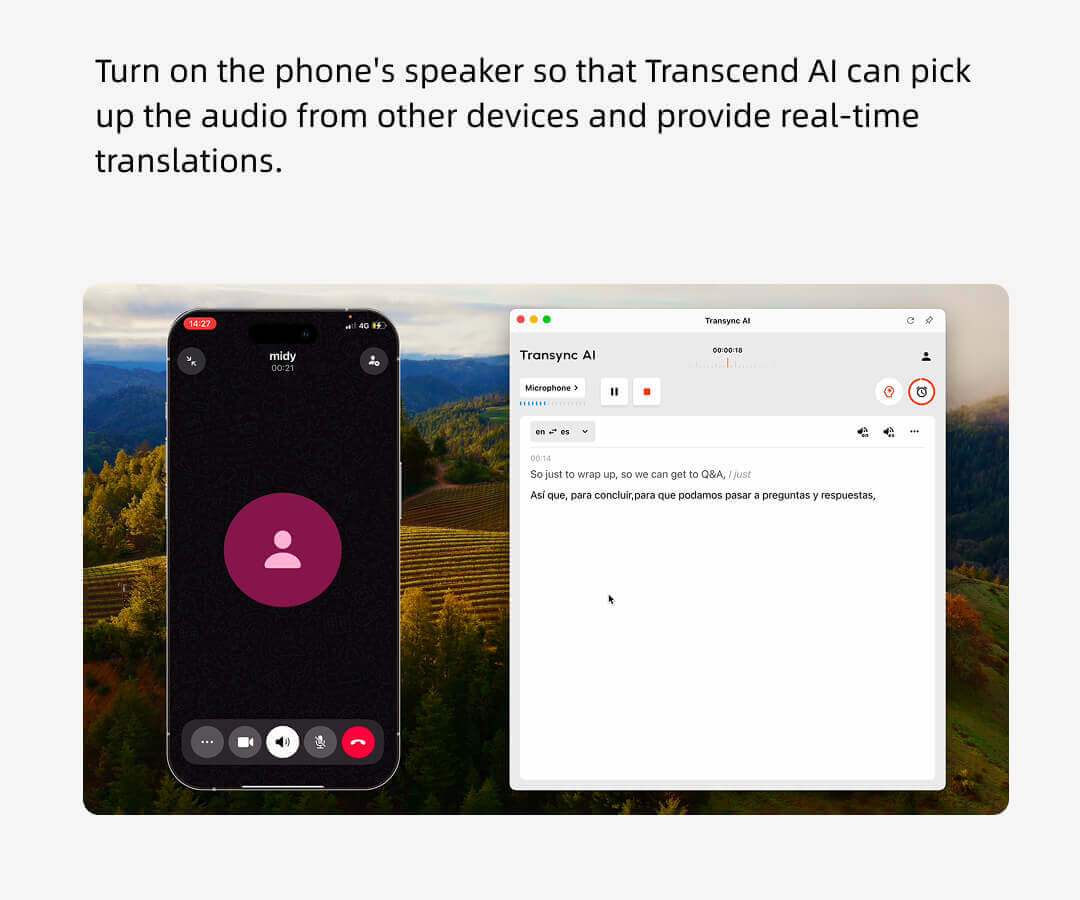 Transync AI interface capturing and translating a live WhatsApp voice call from a smartphone speaker in real-time.