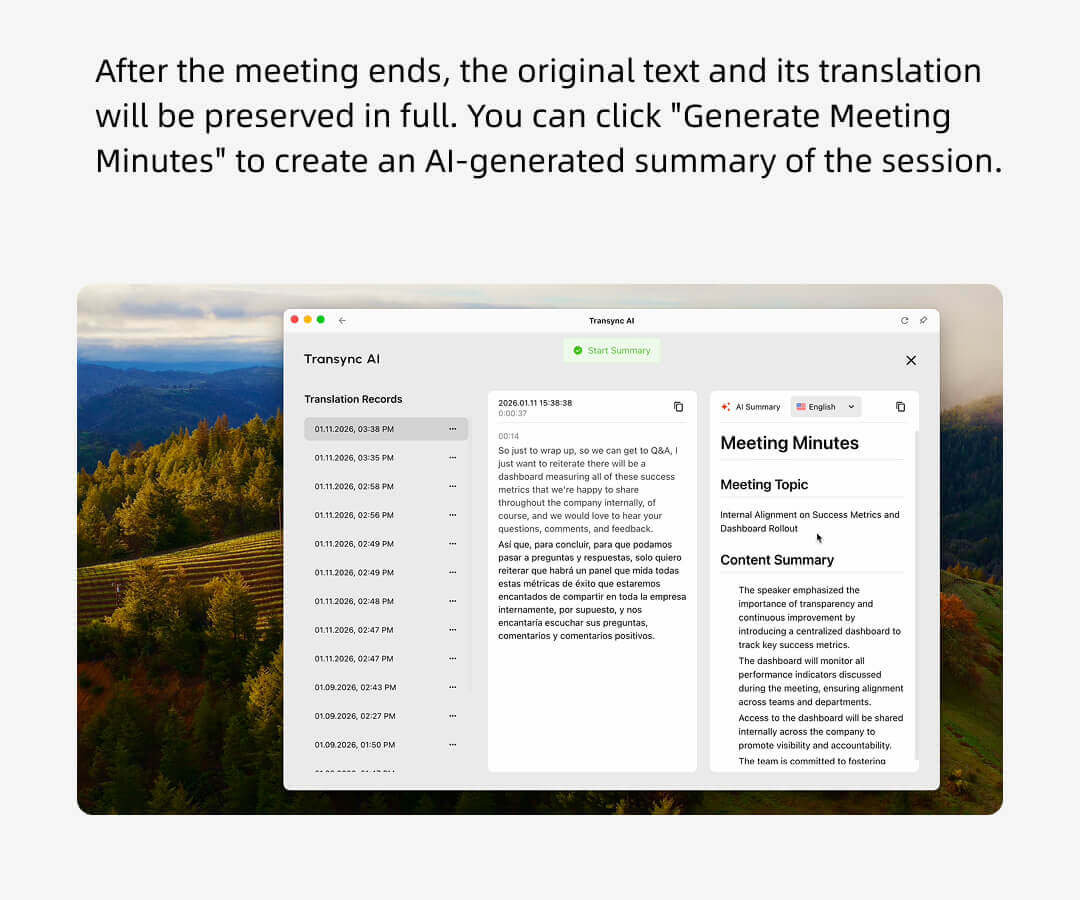 Transync AI dashboard showing translation records and an AI-generated meeting summary.