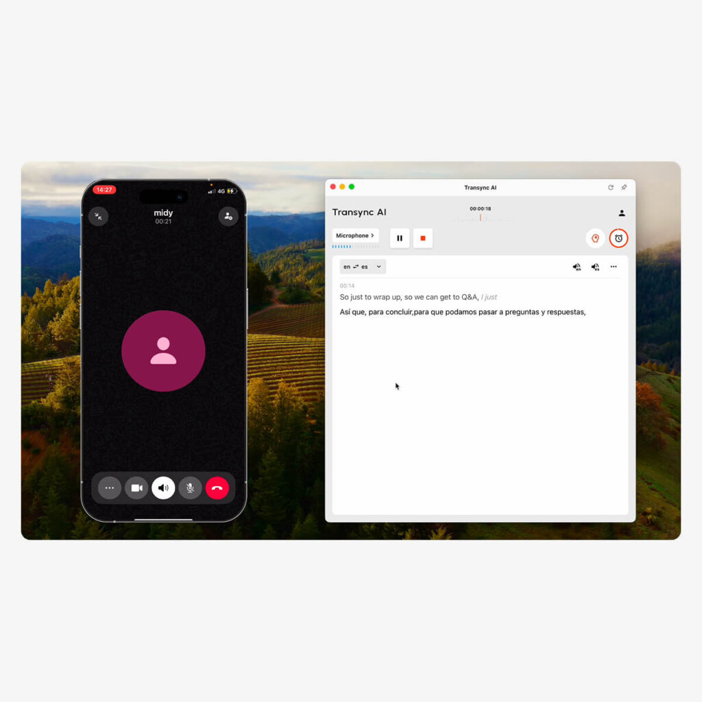 Transync AI desktop app capturing audio from a WhatsApp mobile call speaker for real-time bilingual translation.