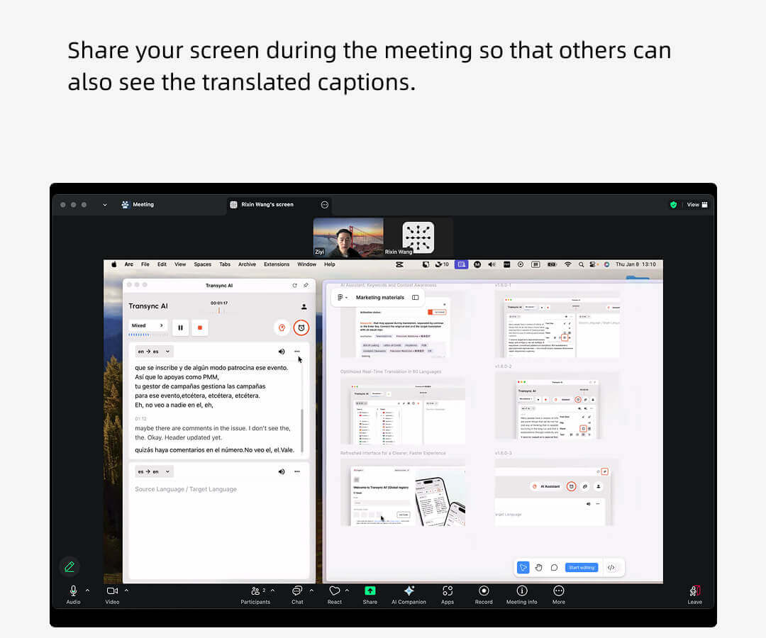 Compartir pantalla con Transync AI mostrando subtítulos traducidos en tiempo real durante una reunión de Zoom