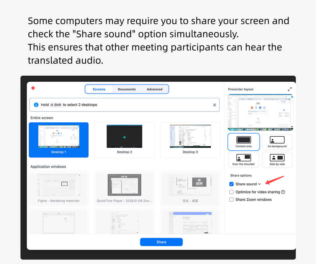 Configuración para compartir pantalla de Zoom que muestra la opción Compartir sonido habilitada para permitir que los participantes escuchen audio traducido de Trasync AI