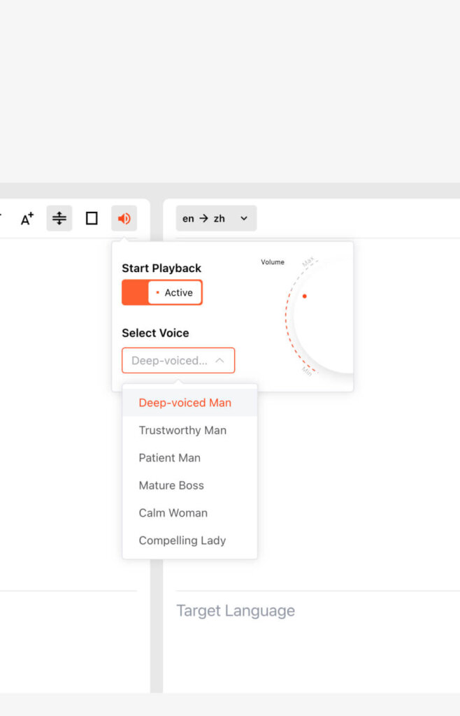 Transync yapay zeka oynatma ayarları, gerçek zamanlı konuşma çevirisi için yapay zeka ses seçimi ve çevrilmiş ses oynatımını göstermektedir.