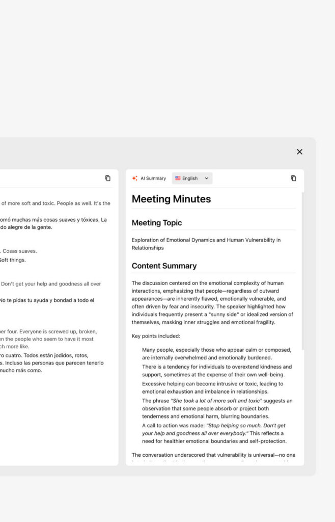 Transync AI AI-generated meeting minutes showing automatic content summary and key discussion points