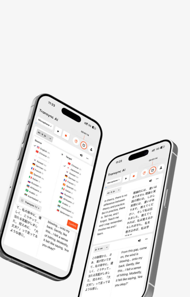Transync AI mobile app showing real-time bilingual speech translation on a smartphone