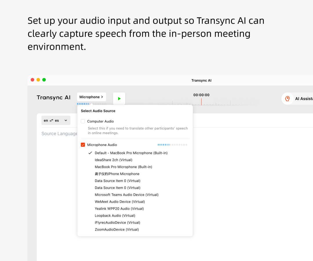 Yüz yüze toplantılarda konuşmaları yakalamak için Transync AI ses giriş ve çıkış kurulumu.