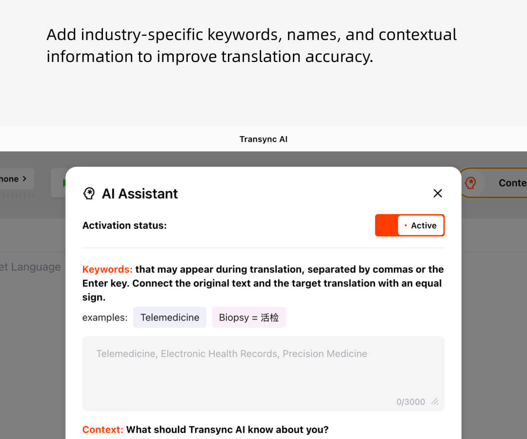 Transync yapay zekası, yüz yüze toplantı çevirisi için kaynak ve hedef dil seçimini gerçekleştirir.