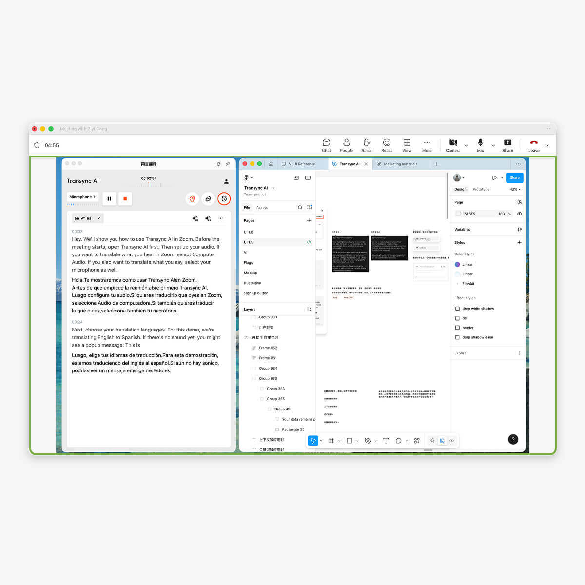 Transync AI displaying real-time translated captions for a Microsoft Teams meeting attendee