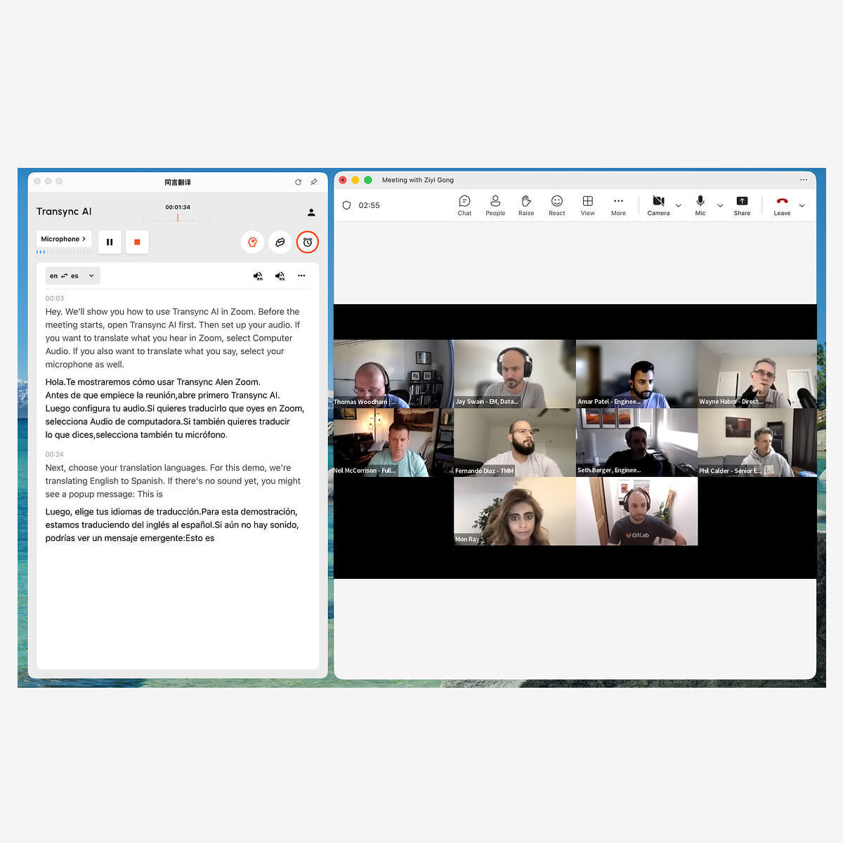 Transync AI used by a Microsoft Teams meeting host showing real-time translated captions during a live team meeting