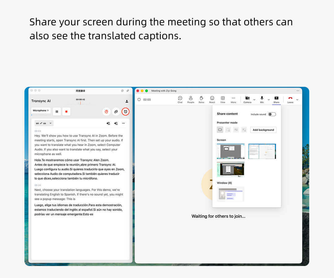 Transync AI used with Microsoft Teams showing real-time translated captions via screen sharing during a meeting