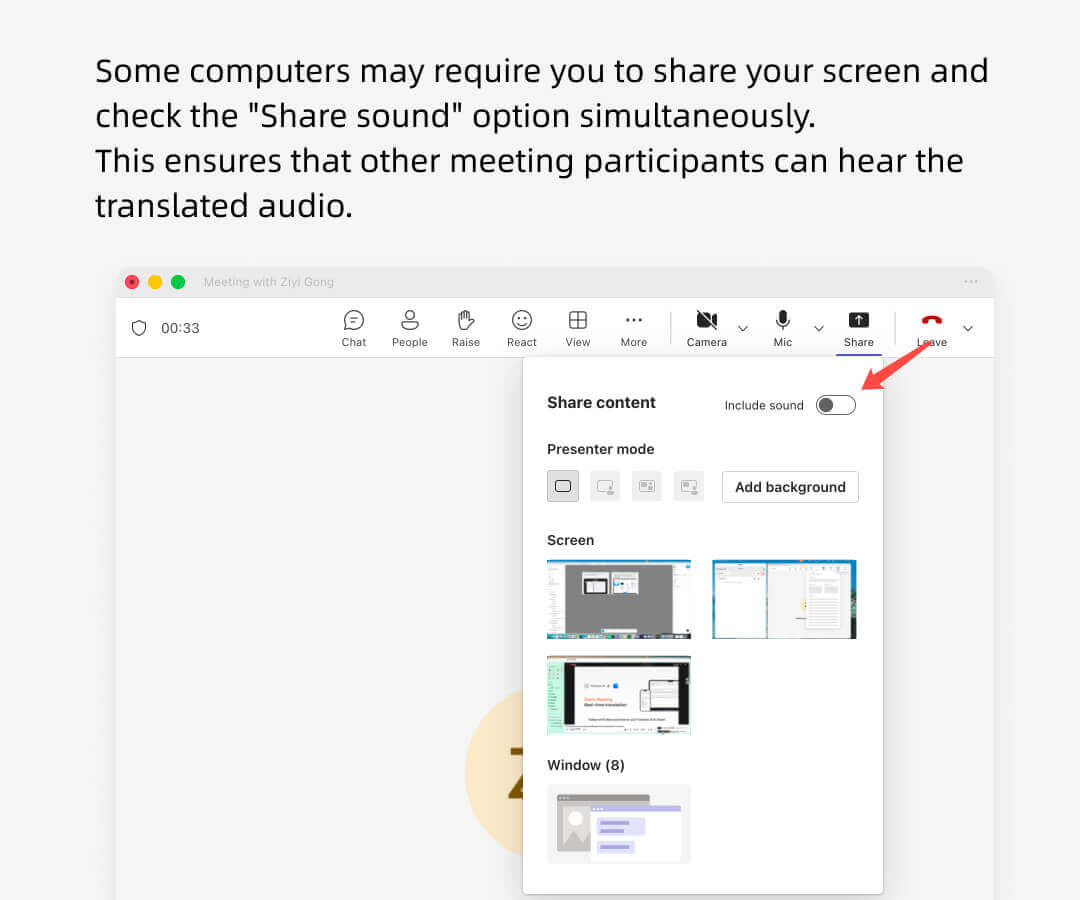 Microsoft Teams screen sharing settings showing Include sound enabled to allow participants to hear translated audio from Transync AI