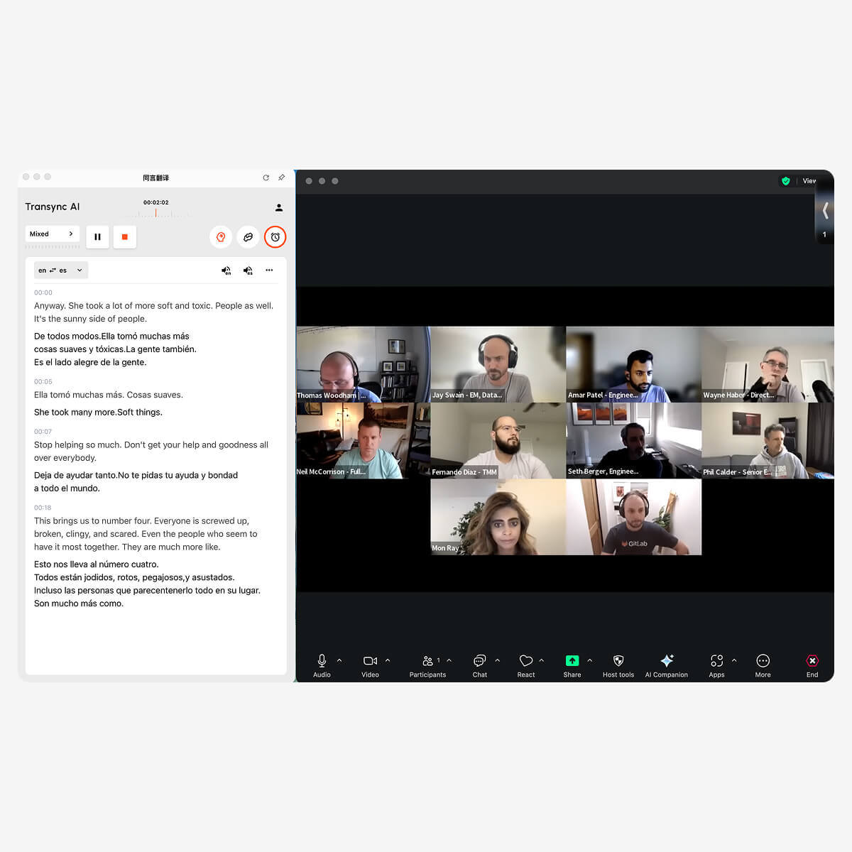 Transyc AI utilizado por el anfitrión de una reunión de Zoom que muestra subtítulos traducidos en tiempo real durante una reunión en línea con varios participantes