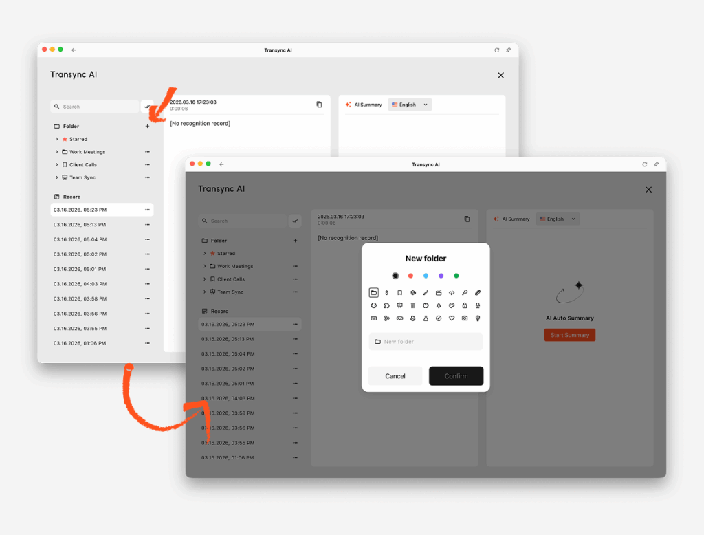 Halaman Rekaman Terjemahan AI Transync dengan dialog pembuatan folder baru terbuka, menampilkan opsi ikon folder, pilihan warna, kolom nama folder, dan tombol konfirmasi dan batal.