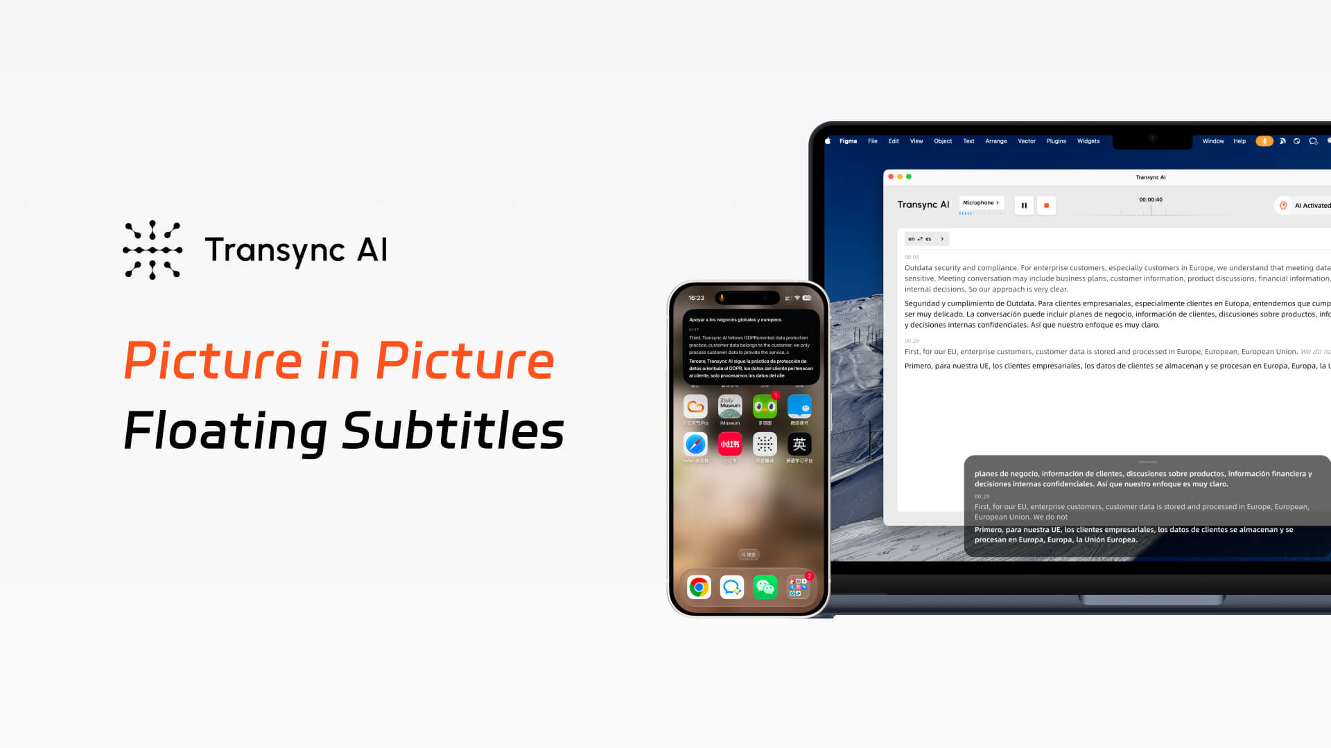 Transync AI picture-in-picture floating subtitles showing real-time translation overlay on laptop and mobile screen