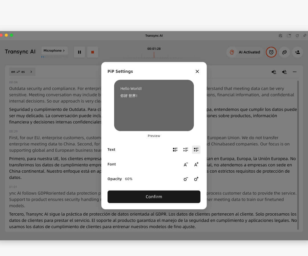 Transync AI interface showing picture in picture floating subtitle settings button and controls