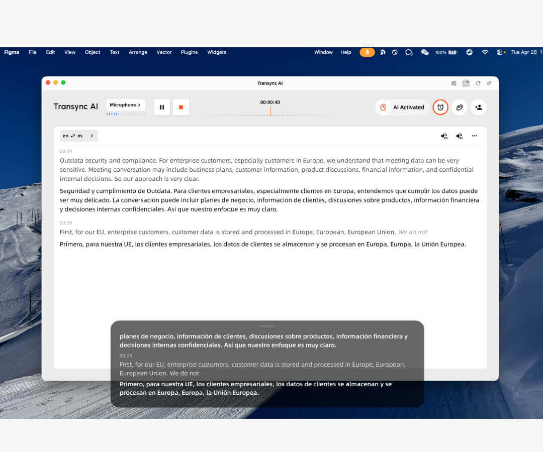 Transync AI real-time translation interface with floating subtitles active during meeting